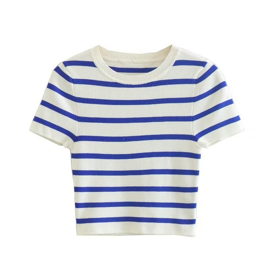 Ivory White & Black Striped Short Sleeve Crop T-Shirt