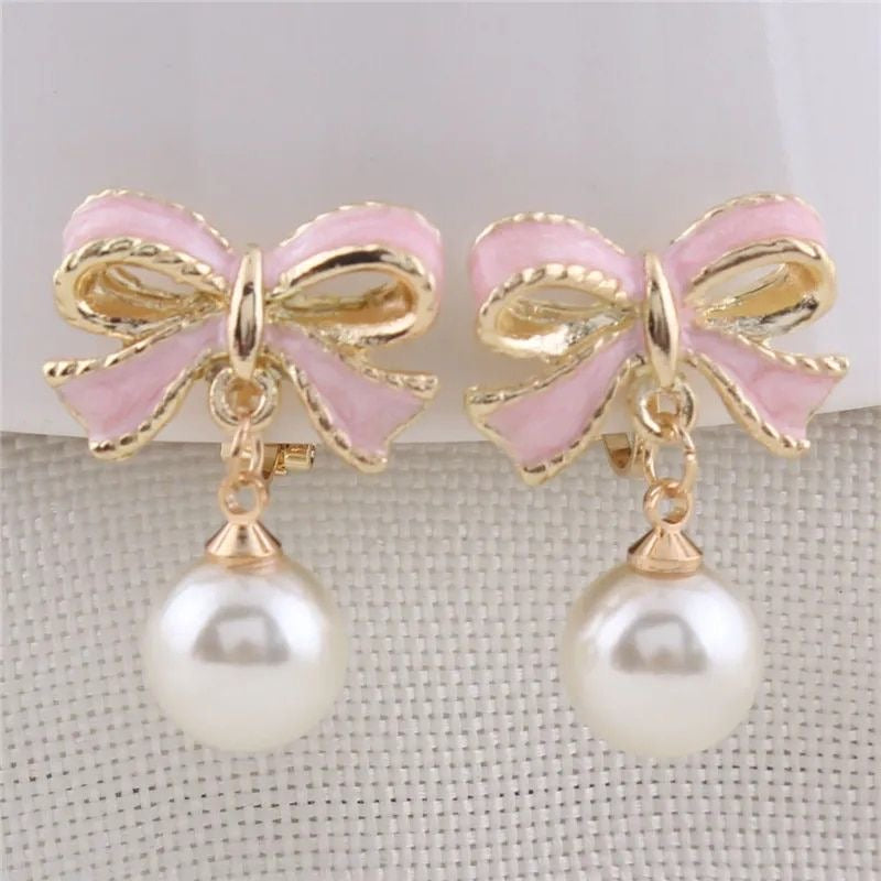 Pink Bow Pearl Enamel Earrings