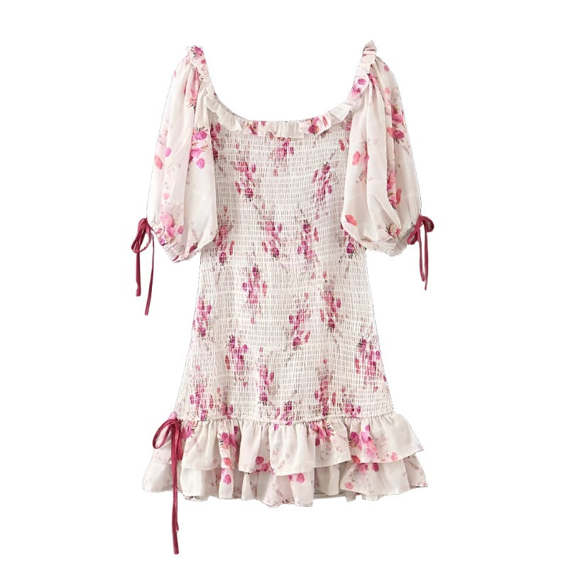 Floral Print Smocked Ruffle Trim Long Sleeve Tiered Mini Dress