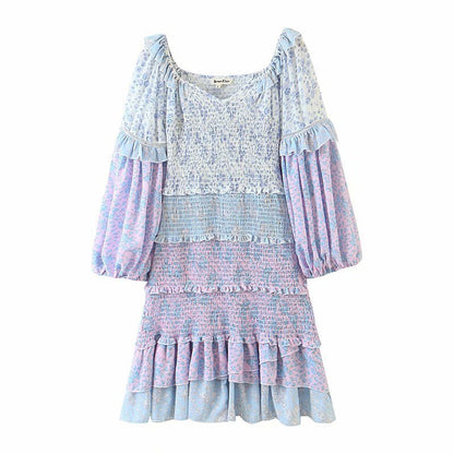 Brooke Multi-Color Floral Print Layered Ruffle Smocked Long Puff Sleeve Mini Dress