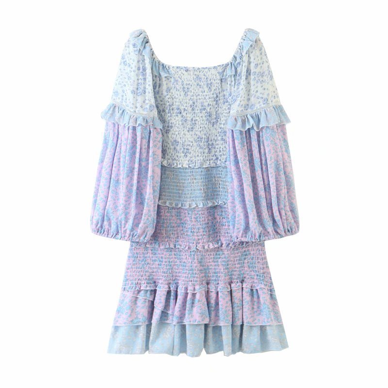 Brooke Multi-Color Floral Print Layered Ruffle Smocked Long Puff Sleeve Mini Dress