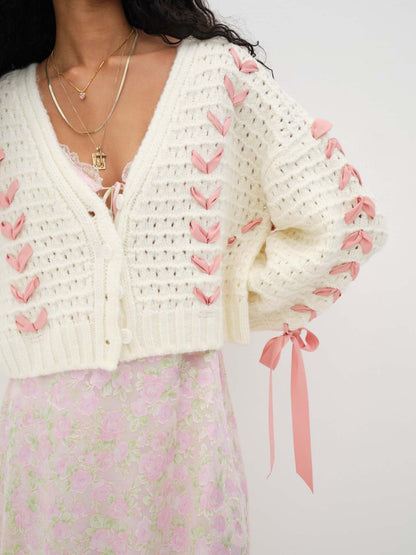 V-neck Lace-up Bow Knitted Cardigan