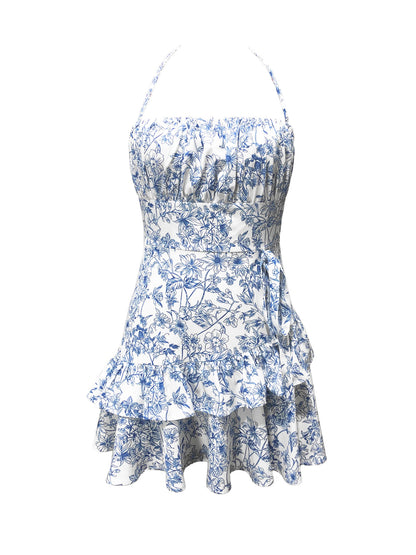 Doris Blue Floral Mini Halter Dress