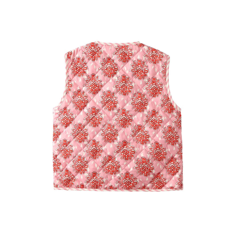 Flower Print Lace-up Cotton Vest