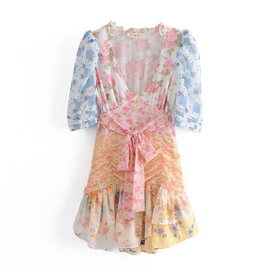 Multi-Color Floral Print Layered Ruffle Long Puff Sleeve Mini Dress