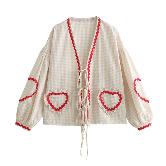 Long Sleeve Loose Patch Work Heart Top