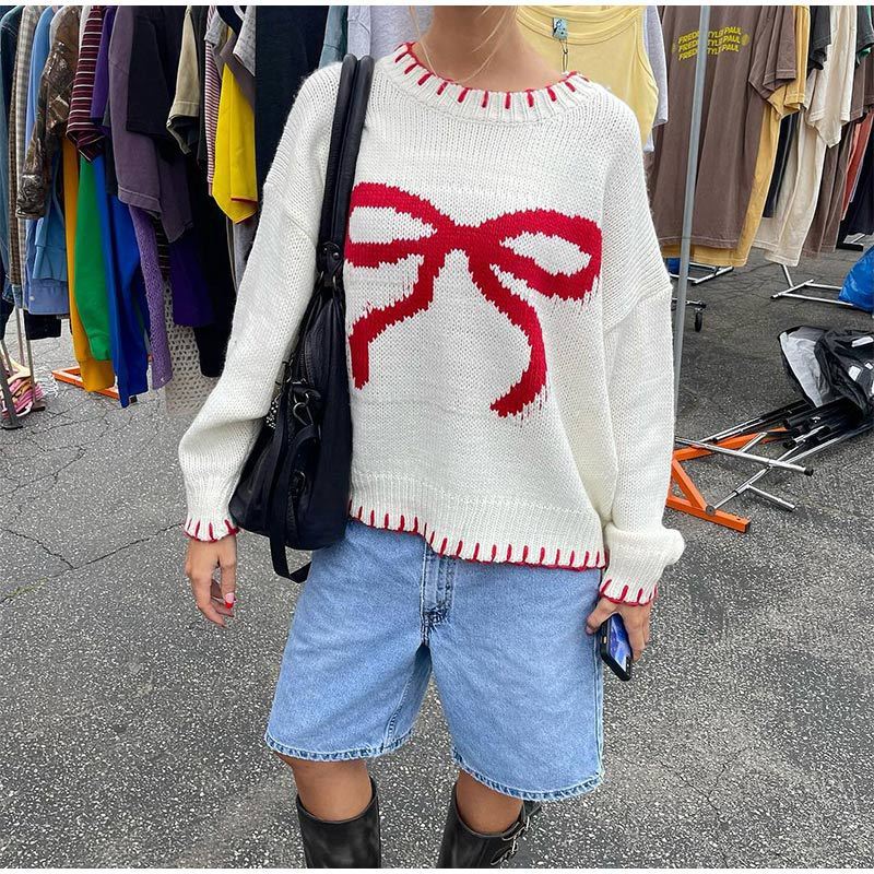 Red Bow Loose Knitted Sweater