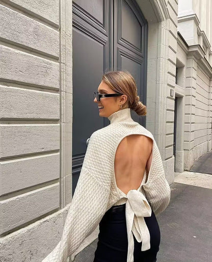 Beige Opened Back Bow Sweater