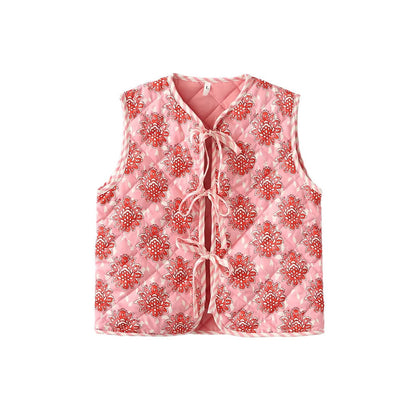 Flower Print Lace-up Cotton Vest