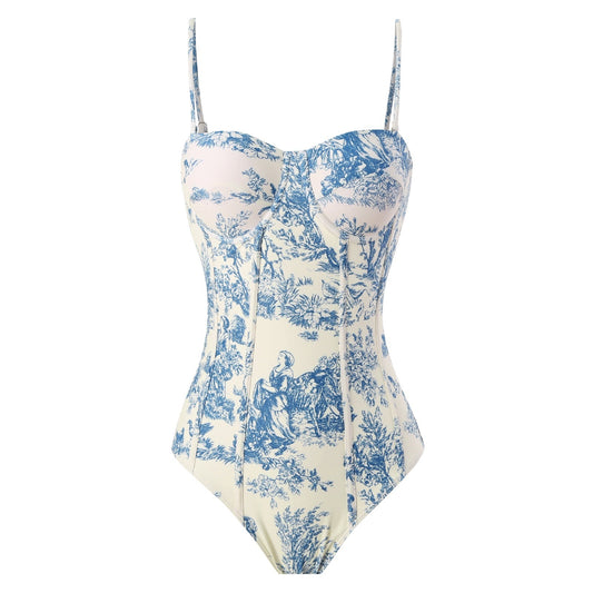 Blue Floral Print Spaghetti Strap One Piece Swimsuit