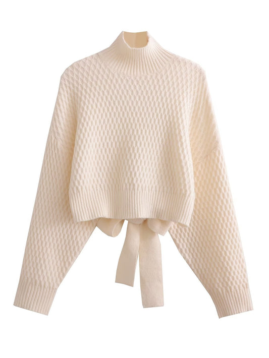 Beige Opened Back Bow Sweater