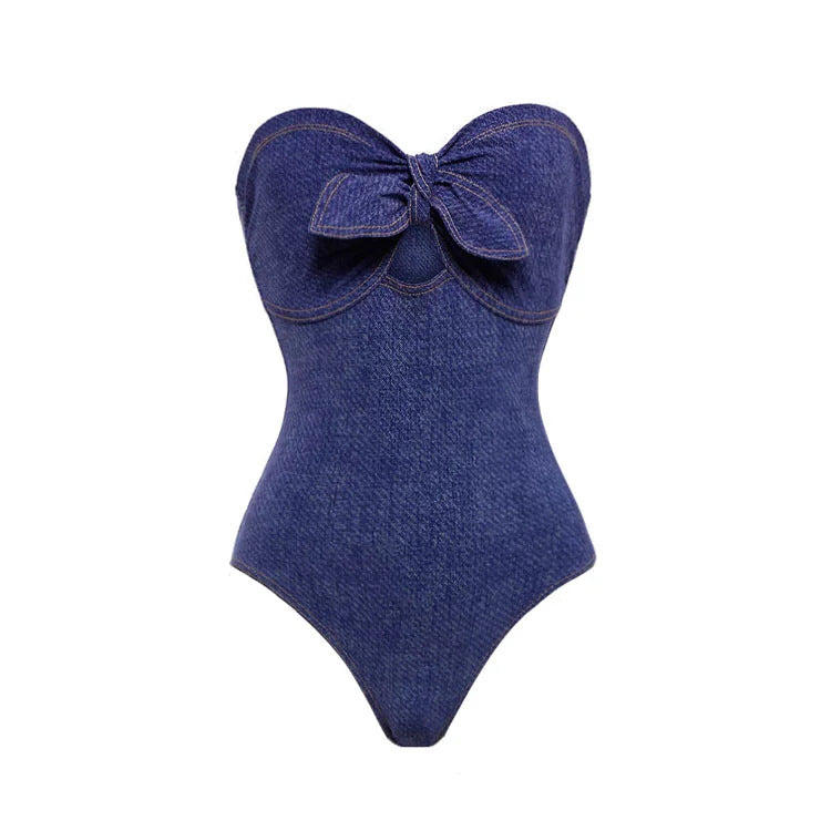 Navy Blue Knot Tie One Piece Swimsuit