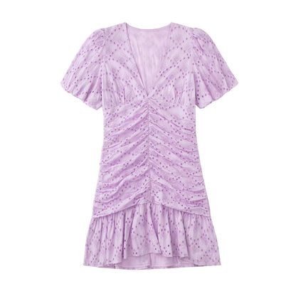 Light Purple Eyelet Short Sleeve V-Neck Layered Ruffle Mini Dress