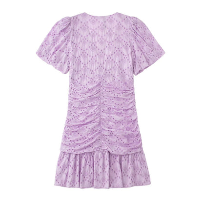 Light Purple Eyelet Short Sleeve V-Neck Layered Ruffle Mini Dress