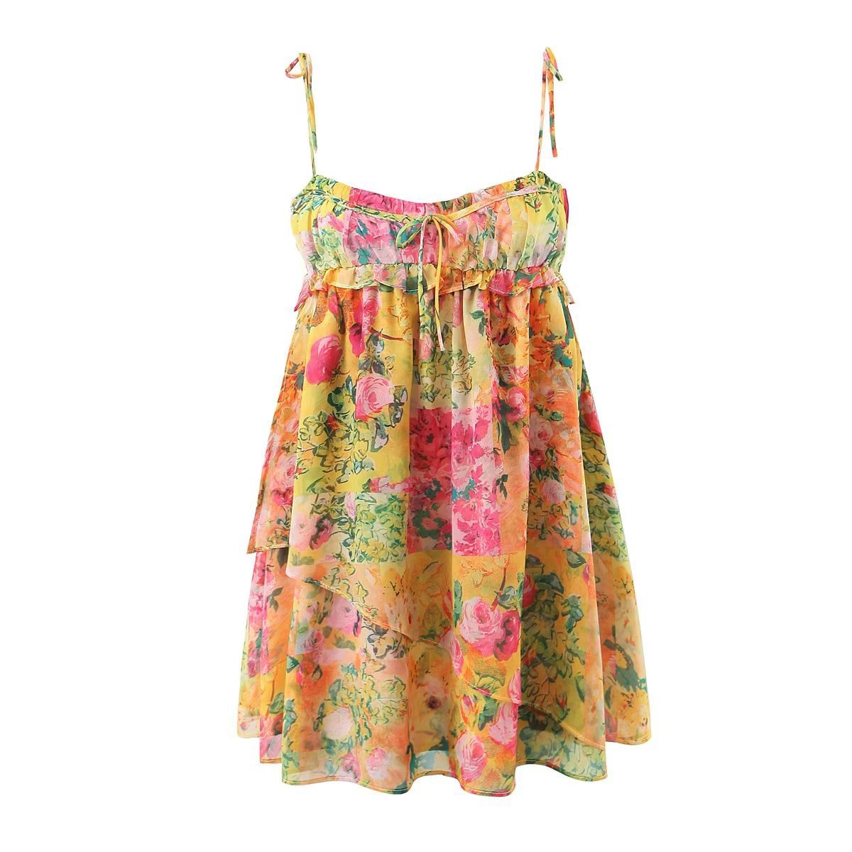 Havana Multi-Color Floral Print Spaghetti Strap Babydoll Mini Dress