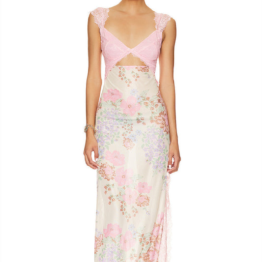 Pink Floral Cut Out Maxi Dress