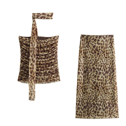 Leopard Print Slim Fit Ruched Sleeveless Halter Scarf Tank Top