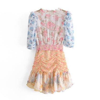 Multi-Color Floral Print Layered Ruffle Long Puff Sleeve Mini Dress