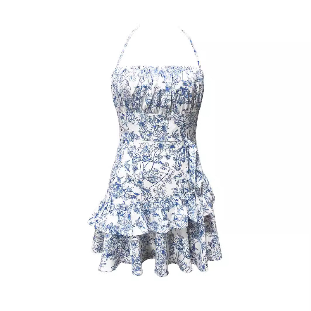 Doris Blue Floral Mini Halter Dress