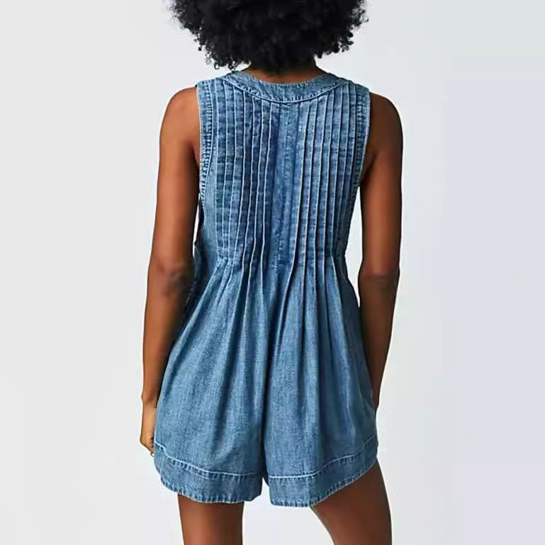 Denim Pleated Romper